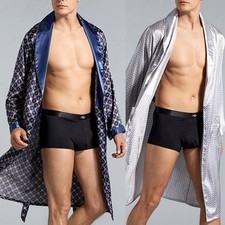 Klassischer Herren Satin Seide Luxus Pyjama Morgenmantel Nachtwäsche Set in Mar