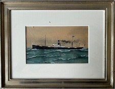 Aquarell Dampfschiff Erika Maritim Antik im Vergolder Bilderrahmen Rostock 1967