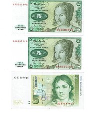 3x 5 Deutsche Mark Banknoten Geldscheine 1980 und 1991 DM Schein