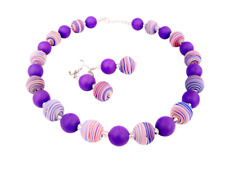 2er Schmuckset Halskette Ohrringe Fimo Perle violett lila lachs orange weiß 447c