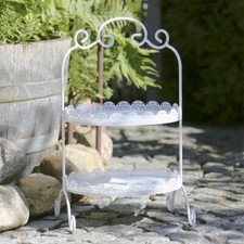 LANDHAUS Etagere AMALIA weiß oval mit Spitzenrand im Vintagestil Metalletagere