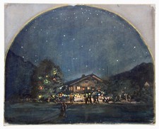 Nächtliches Gartenfest mit Lampions unterm Sternenhimmel, Gouache, Jugendstil