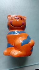 Spardose Katze Keramik orange / taubenblaue Streifen