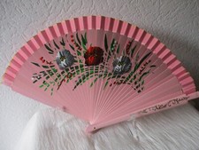 Hand Fächer Holz Stoff groß Rosa Blumenmuster Rot Grau Stabil Sommer 22,5 cm
