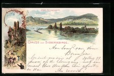 Lithographie Nonnenwerth, Inselpanorama, Ruine Drachenfels 1899 