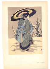 Utagawa Kuniyasu Girl in the Snow Storm Farb-Holzschnitt Japan 1908