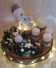 Holz Adventsgesteck, Adventskranz Weihnachtsgesteck  Schneemann  Weiß 20 LED