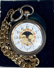 Taschenuhr-Mondphase-Kalender-112 g-Doppelseitig-19.Jhd-52 mm-Kette-Art. 7044