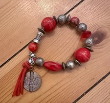 Modeschmuck Armband Keramik rot Metall, auf Gummiband, dehnbar 