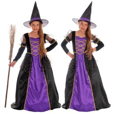 Halloween Kostüm Kinder Hexenkostüm Mädchen Hexenkleid & Hexenhut Hexe lila gold