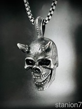 Dämon Schädel Totenkopf Devil Skull Anhänger Edelstahl Kette Schmuck Biker 401B