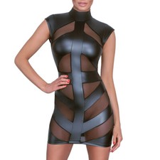 Sexy Mini-Kleid M-XL schwarz matter Wetlook Netz transparent Club Party "Nofre"