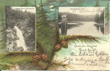 Litho-AK Clausthal Harz -Wasserfall + Teich -1901 gel. Bahnpost Clausthal-Goslar
