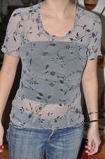 Transparentes Netzhemd Damen Größe S 100% Polyamid grau mit Blütensamtaufnähung