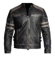 Neu Herren Biker Vintage Distressed Schwarz Retro Lederjacke Cafe Racer