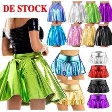 DE Damen Minirock Glänzend Faltenrock Kurz Skater Rock Metallic Tanzrock A-Linie