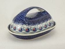 B-Ware Bunzlauer Keramik Butterdose  für 250g Butter, blau/weiß/rot (M077-DPMA)