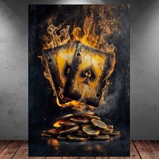 LEINWAND BILD ER XXL ABSTRAKT PIK AS FLAMMEN POKER JETONS GOLD WAND POSTER P1532