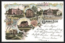 Lithographie Grube Ilse, Kaufhaus, Gasthaus Kaiserkrone, Villa, Schule 