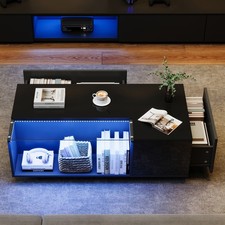 LED Couchtisch mit Schubladen Glas Wohnzimmertisch Sofatisch Kaffeetisch Schwarz