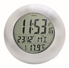 AMS 5929 Wanduhr Funk Funkwanduhr Baduhr LCD Anzeige Aluminiumgehäuse silber