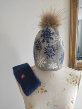 2 Teile: Flauschige Damen Bommelmütze mit Angora + Stirnband 96% Alpaka aus Peru