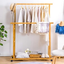 Mobiler Kleiderständer Holz Kleiderstange Garderobenständer mit Ablage auf Rolle