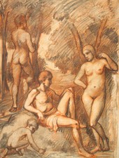 HANS KOHL, Landschaft mit Akten, riesiges Format, Rötel, gestempelt