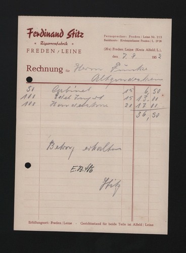 Freden leine rechnung 1952 - freden/leine,,