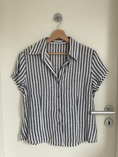 MARCO PECCI Damen Leinen Bluse Gr. 36 Schwarz Weiß Kragen Kurzarm 100% Leinen