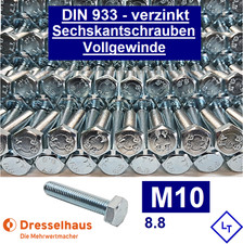 DIN 933 M10 Sechskant Schraube Vollgewinde Stahl 8.8verzinkt Dresselhaus ISO4017