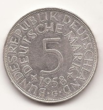 5 DM BRD 1958 G, KARLSRUHE, SILBER, selten!
