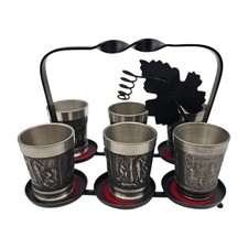 6 Zinn Becher mit Tragegestell