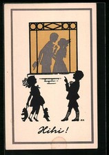 Ansichtskarte Kinder beobachten junges Paar beim Liebkosen, Schattenbild 