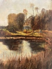 Ölgemälde alt Bäume Teich Ufer Sommer Wiese unsigniert Belgien um 1930