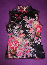 Alex Line Schöne Bluse, Asia Style, Qipao, schwarz mit Blüten, 100% Seide, Gr. S