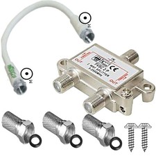 2 Fach Splitter SAT TV DVB Stamm Verteiler + Kabel F Stecker digital Camping UHD