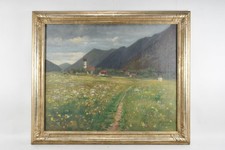 Q28Q17- Maria Klocke (XX) Gemälde Landschaft Blumenwiese und Dorf signiert 