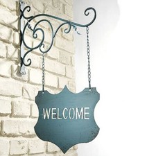 Metall Wandschild WELCOME Schmiedeeisen blau + Wand Halterung, Deko Hänge Schild