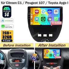 2+32GB Android 14 Radio Carplay Bluetooth für Citroen C1 Peugeot 107 Toyota Aygo