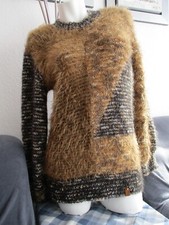 Damen Pullover Gr.42-44, Handgestrickt, Mohair, Boucle, Brauntön,Intarsionstrick