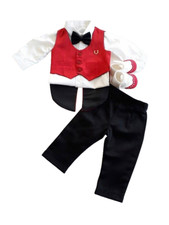 Festlicher Anzug 3-6 , Baby Taufe, Hochzeit, Geburtstag, 5 teilig, Rot/Schwarz