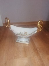 Porzellan Fußschale, Schwanen Henkel, Alboth & Kaiser, Blumen, Gold staffiert