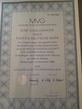 MVG - AG für Mode  SINDELFINGEN – Vorzugsaktie Aktie 50 DM 1988 mit Coupons Anti