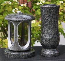 Grablaterne und Vase aus  "Granit" Stein Impala Grablicht Grabschmuck Laterne