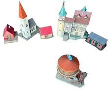 Modelleisenbahn H0 - Konvolut Gebäude, Kirche, Burg, Tankstelle Mercedes-Stern