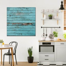 banjado Glas Wandbild quadratisch Wohnzimmer Küche Büro Motiv Blaue Holzlatten