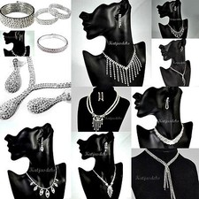 Schmuckset Collier Kette Ohrringe Armband Strass Silber Braut Schmuck Diadem 