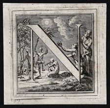 "N" - Ornament letters Kupferstich Buchstabe lettre engraving gravure 1720