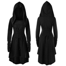 Damen Gothic Punk Cosplay mit Kapuze Umhang Cape Mantel Hexen Kostüm Kleid DEU